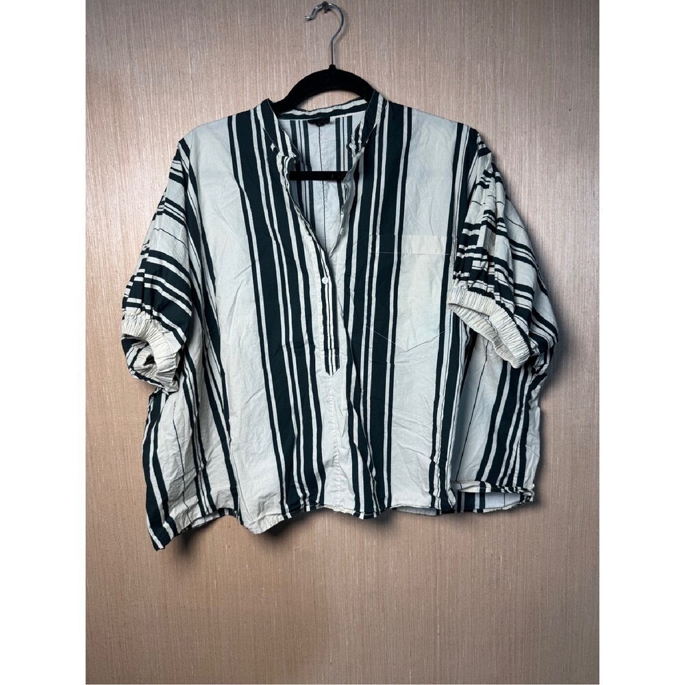 Aspesi Women's‎ L Striped Button Up Top Green White Short Sleeve Blouse